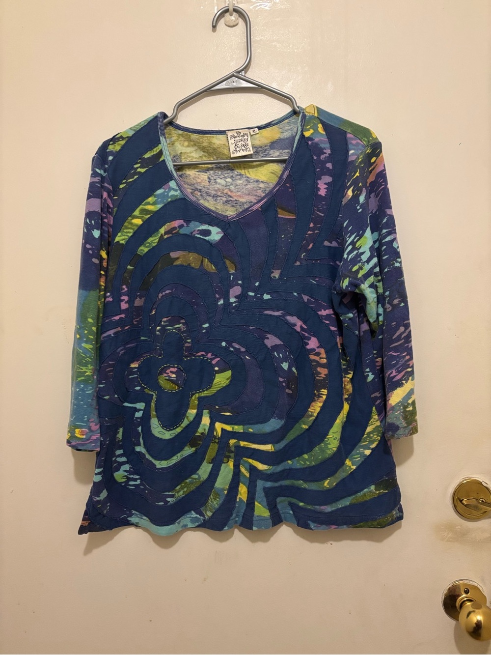 Parsley & Sage XL Blue Multicolour Abstract Appliqué 3/4 Sleeve Top